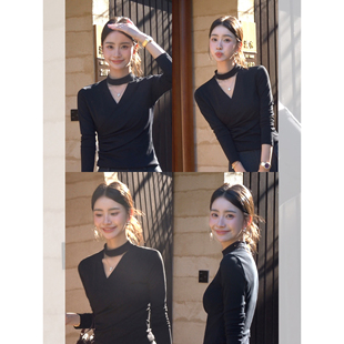 女设计感挂脖修身 pusumede 针织衫 气质V领长袖 T恤上衣 优雅风韵