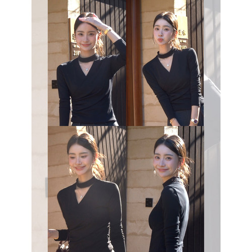 优雅风韵V领长袖针织衫挂脖T恤