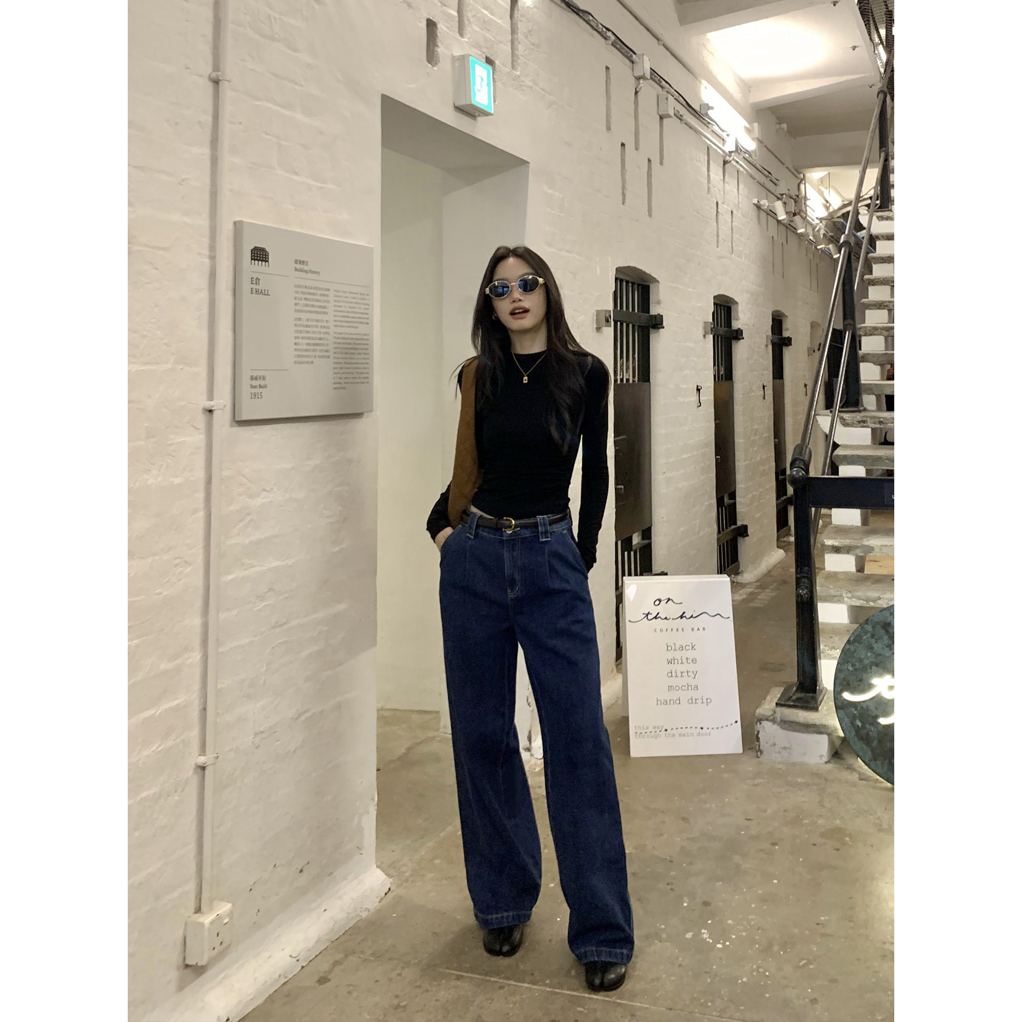 pusumede 天赋腿精 复古蓝色阔腿牛仔裤女宽松中低腰直筒长裤子