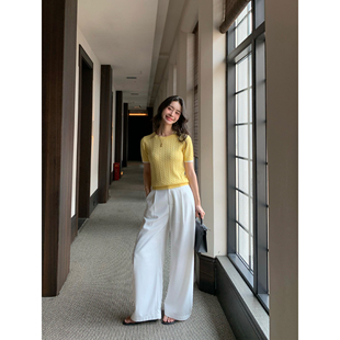 pusumede 上镜出游 白色阔腿西装休闲裤女宽松直筒高腰垂感长裤