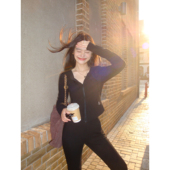 a字针织包臀短裙套装 pusumede 黑色连帽拉链卫衣女春秋休闲喇叭裤