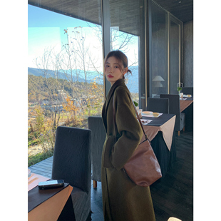 pusumede高级感羊毛双面呢大衣女气质收腰毛呢外套中长款呢子大衣