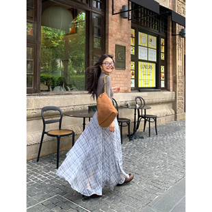 pusumede 格纹半身裙女小众设计感雪纺半裙不规则裙子 复古杂志风