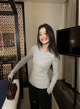 pusumede 月光手书 黑色针织长袖t恤女基础款简约内搭打底衫上衣