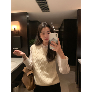 pusumede圆领麻花针织马甲背心女套头气质坎肩叠穿无袖马夹上衣