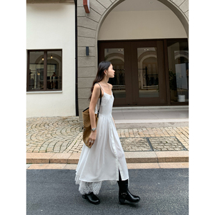 蕾丝拼接吊带连衣裙女绑带收腰无袖 两穿 裙子 现货7折 pusumede