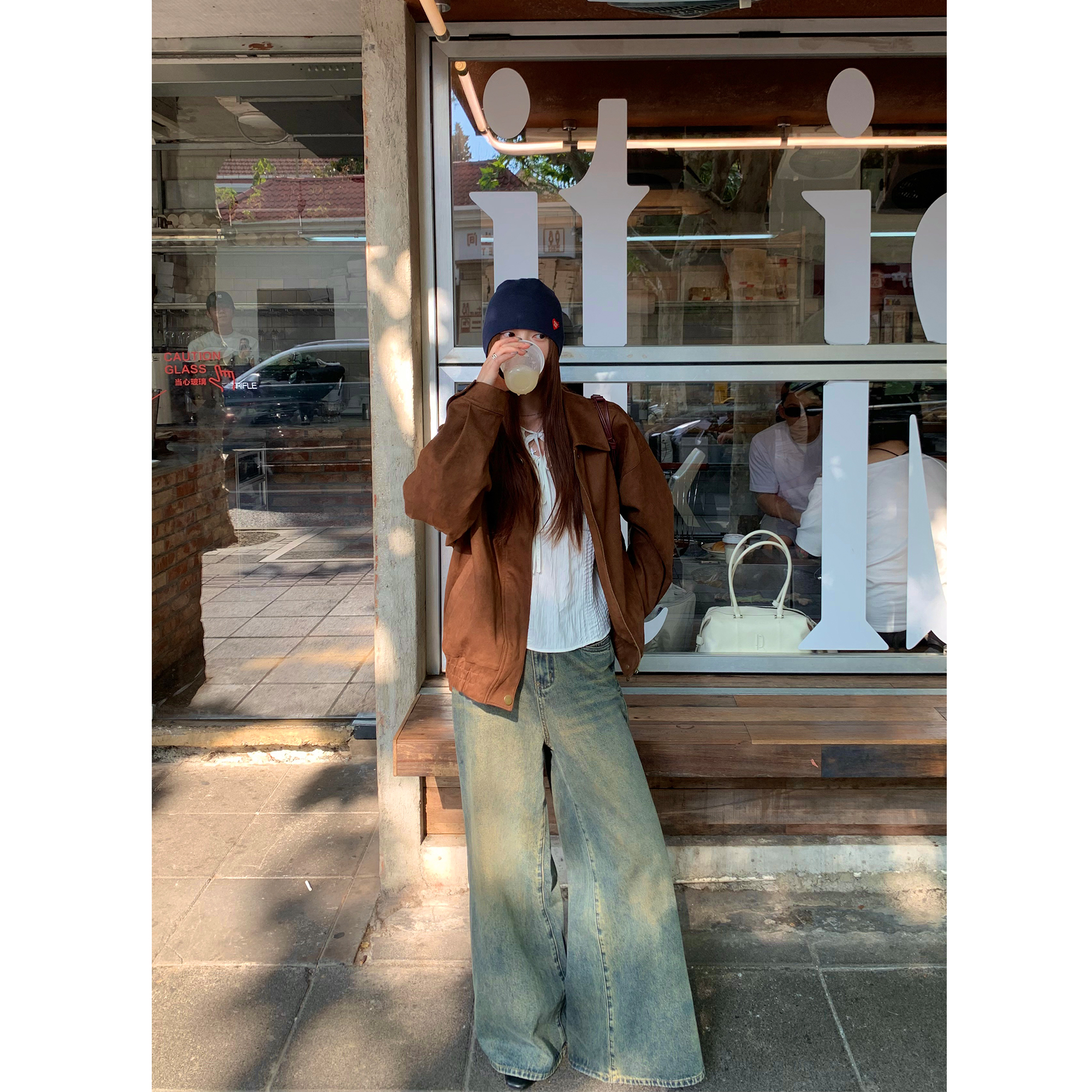 pusumede 立裁结构 复古怀旧阔腿牛仔裤女休闲垂感拖地直筒长裤