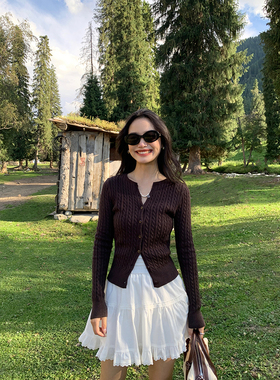 pusumede 南法少女 灰色麻花针织开衫外套女修身显瘦短款长袖上衣