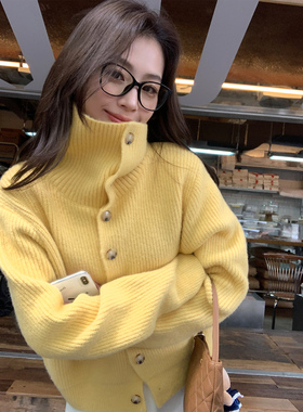 pusumede 季节实况 高领毛衣开衫女复古翻领宽松气质外套针织上衣