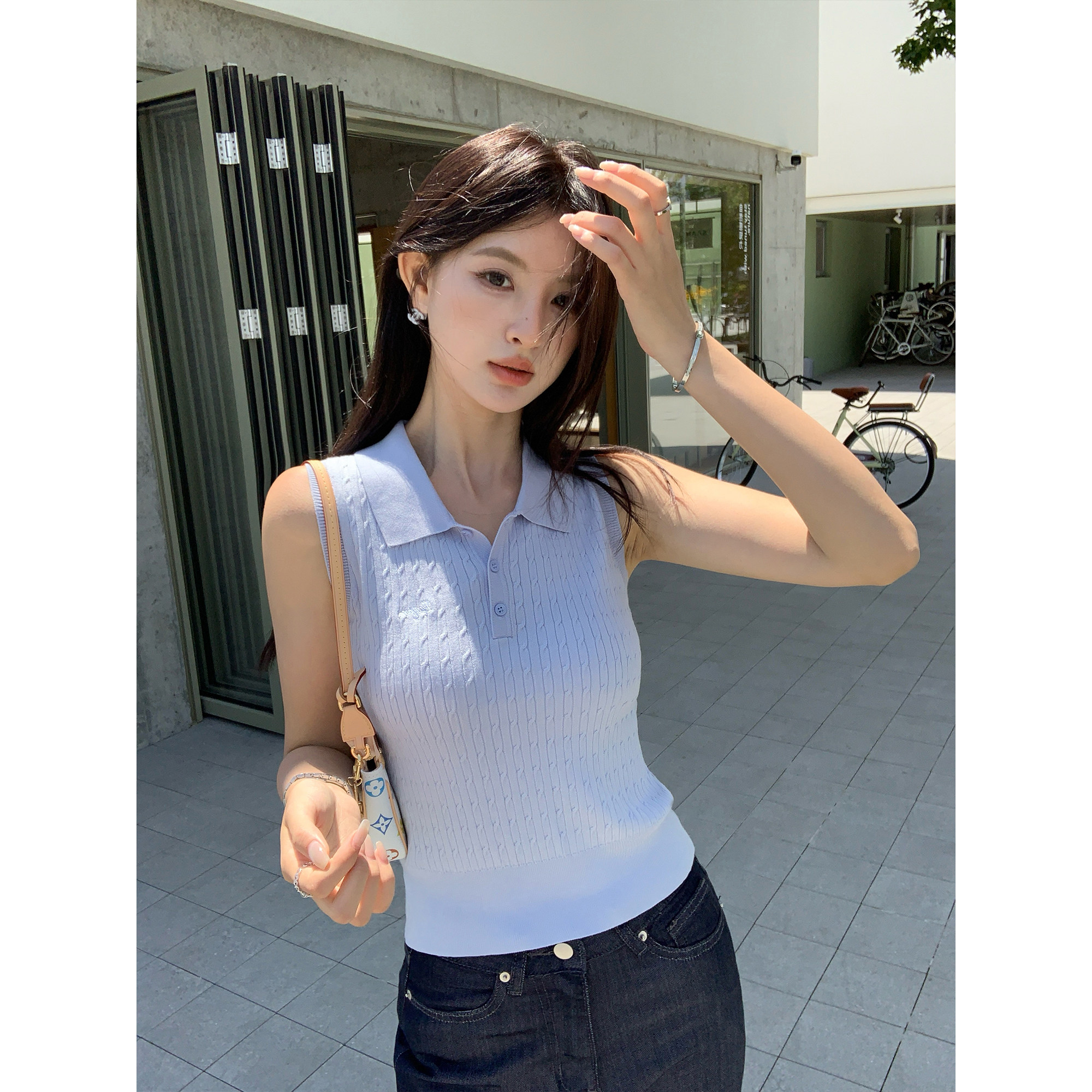 pusumede  复古韵律 Polo领刺绣背心吊带女简约麻花针织无袖上衣