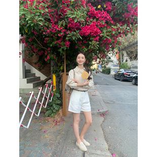 女简约高腰宽松A字短裤 莱赛尔白色阔腿休闲裤 松弛出行 pusumede