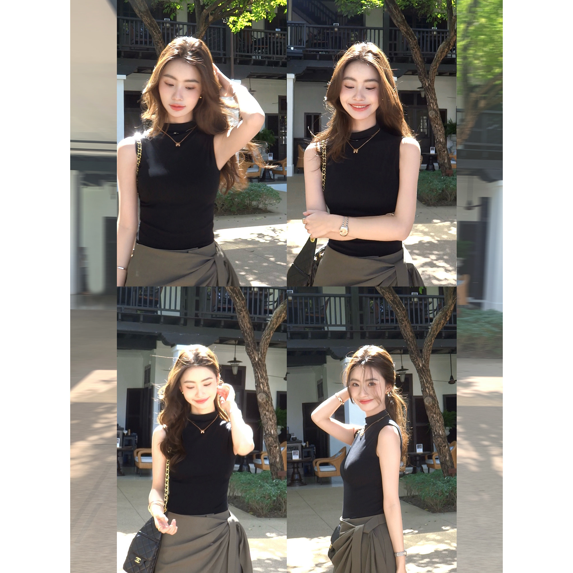 pusumede 钓系都市 黑色半高领针织背心女修身显瘦气质无袖上衣