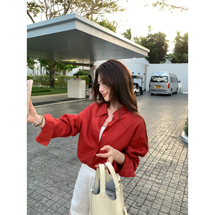 pusumede 老钱1OO亚麻长袖 衬衫 女慵懒松弛感休闲上衣 极简高智