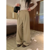 智性锋芒 卡其色高腰西装 阔腿裤 pusumede 女宽松显瘦直筒休闲长裤