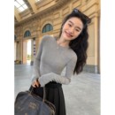 pusumede 简约主义 灰色针织衫长袖T恤女圆领套头修身打底衫上衣