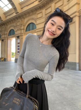 pusumede 简约主义 灰色针织衫长袖T恤女圆领套头修身打底衫上衣