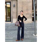 抓绒裤 pusumede藏蓝色高腰牛仔裤 拖地长裤 宽松直筒阔腿裤 子 女新款