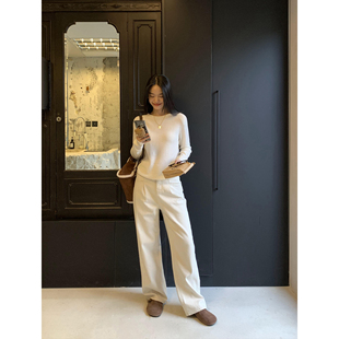 pusumede【现货6.5折】白色阔腿牛仔裤女加绒高腰休闲宽松直筒裤