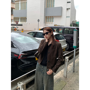 复古麂皮翻领夹克女短款 巴恩美学 皮衣外套 现货7折 pusumede