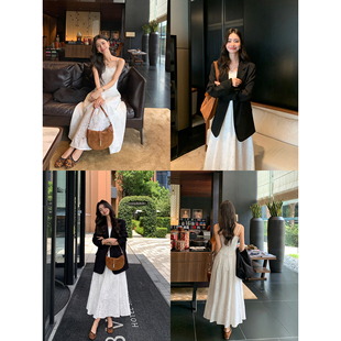 pusumede 重工蕾丝花边连衣裙女后背绑带束腰礼裙吊带裙 馥蕾白茶