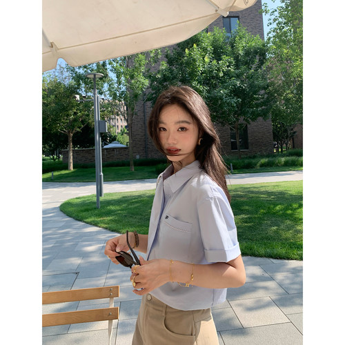 pusumede 舒适慢调 白色短袖衬衫女刺绣纯棉衬衣简约气质宽松上衣