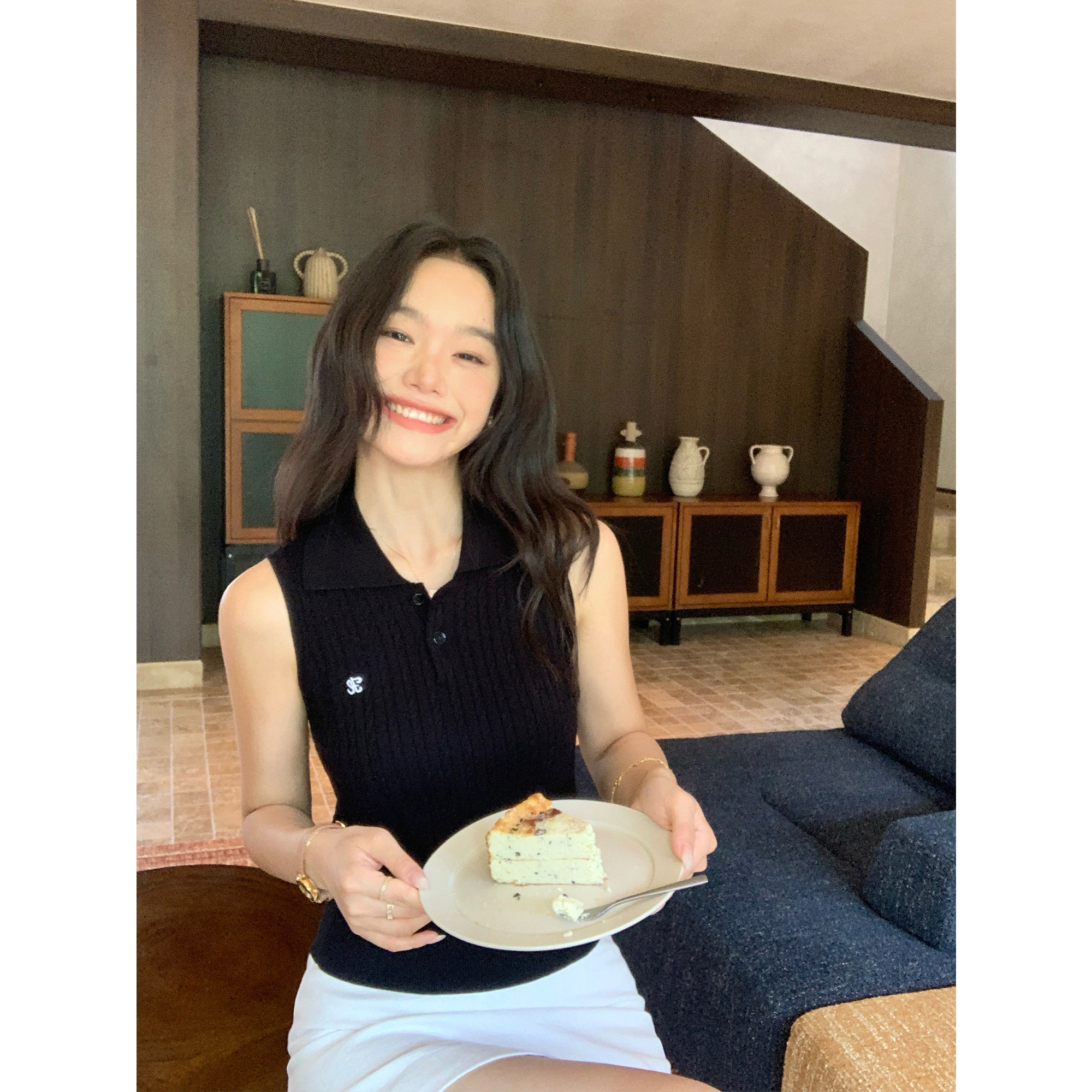 pusumede经典麻花 polo针织衫背心女复古刺绣气质修身无袖t恤上衣