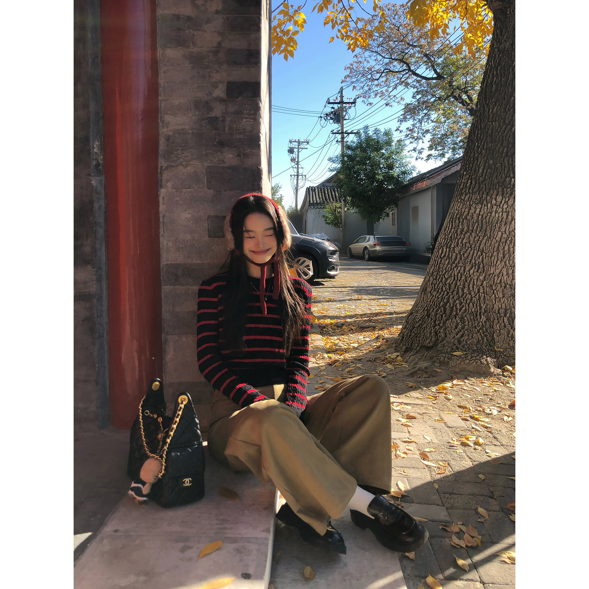 pusumede 温暖织物 设计感撞色麻花针织衫女气质修身圆领条纹毛衣