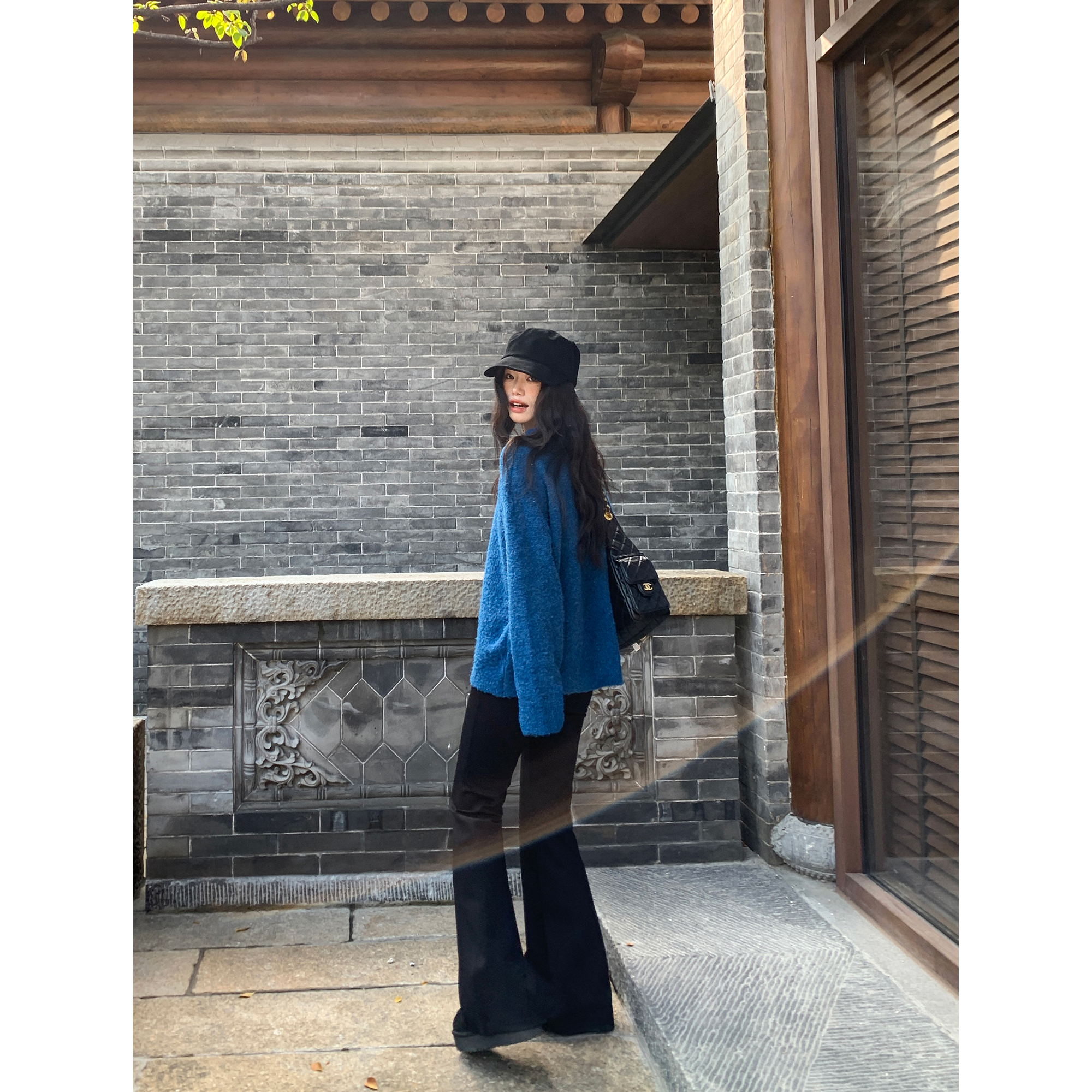 pusumede 塑造腿精 黑色高腰微喇裤女高弹力显瘦直筒休闲喇叭裤