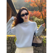 上衣 蓝色半高领套头毛衣女慵懒风宽松休闲长袖 pusumede 海盐雪山