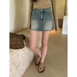 复古浅蓝色牛仔半身裙包臀裙子 怀旧街头 pusumede 现货6折