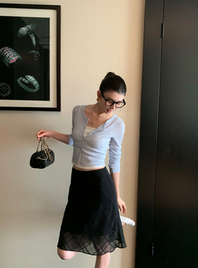 pusumede 云纱拂夏 复古半身裙女花边设计感网纱格纹a字包臀中裙