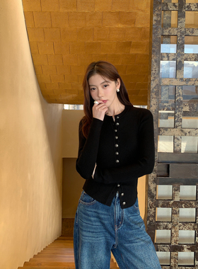 pusumede 灵感繆斯 黑色长袖针织开衫女修身内搭打底衫气质上衣