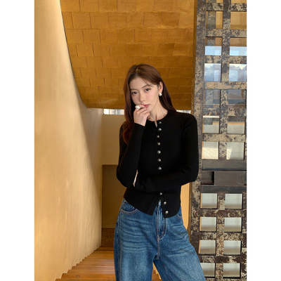 黑色长袖针织开衫女打底衫上衣