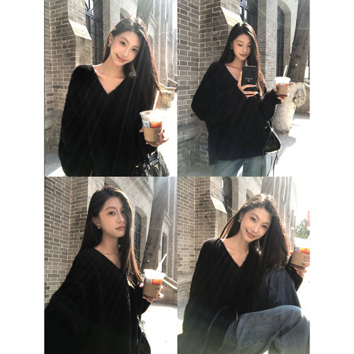 pusumede 松弛天菜 软糯白色仿貂毛v领毛衣女宽松套头针织衫上衣