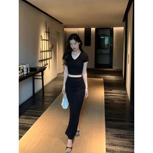 裙子 pusumede 黑色包臀针织半身裙女夏季 设计感开叉气质修身 长款