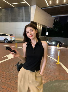 pusumede 长期主义 黑色polo领背心吊带女夏修身挖肩针织无袖上衣