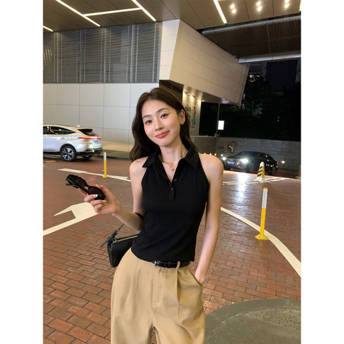 pusumede 长期主义 黑色polo领背心吊带女夏修身挖肩针织无袖上衣
