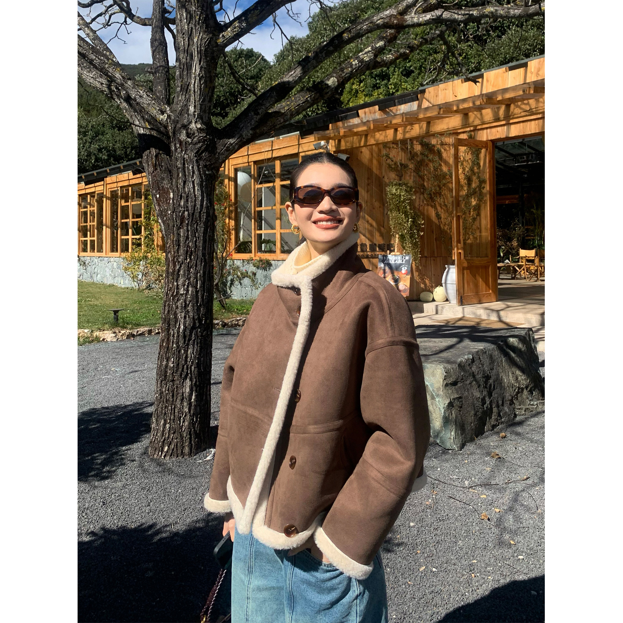 pusumede两面穿皮毛一体麂皮绒外套女秋冬设计感翻领仿羊羔毛皮草