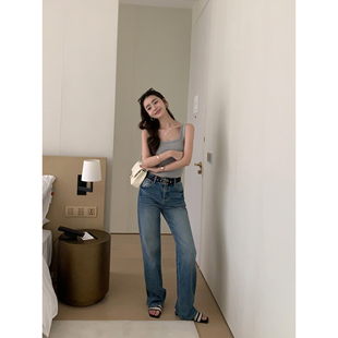 女气质宽松猫须直筒阔腿长裤 水洗斜纹牛仔裤 流光蓝屿 pusumede