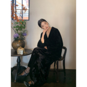 pusumede新中式 复古丝绒印花半身裙女松紧腰宽松直筒气质国风长裙