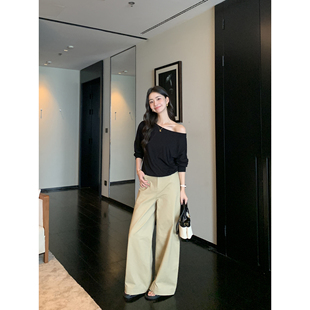 女直筒宽松阔腿通勤长裤 卡其色纯棉休闲裤 现货7.5折 pusumede