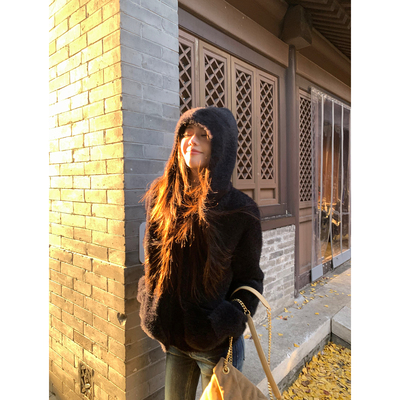 pusumede 温暖定律 光泽感仿貂毛连帽开衫女气质舒适保暖毛毛外套