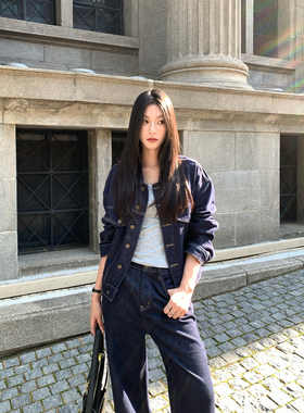 pusumede 丹宁俱乐部 深蓝色翻领牛仔外套女复古直筒牛仔裤两件套