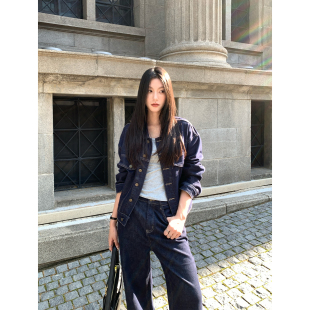 两件套 深蓝色翻领牛仔外套女复古直筒牛仔裤 pusumede 丹宁俱乐部