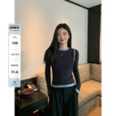 pusumede撞色圆领套头针织衫 上衣 女秋冬修身 显瘦打底毛衣内搭长袖