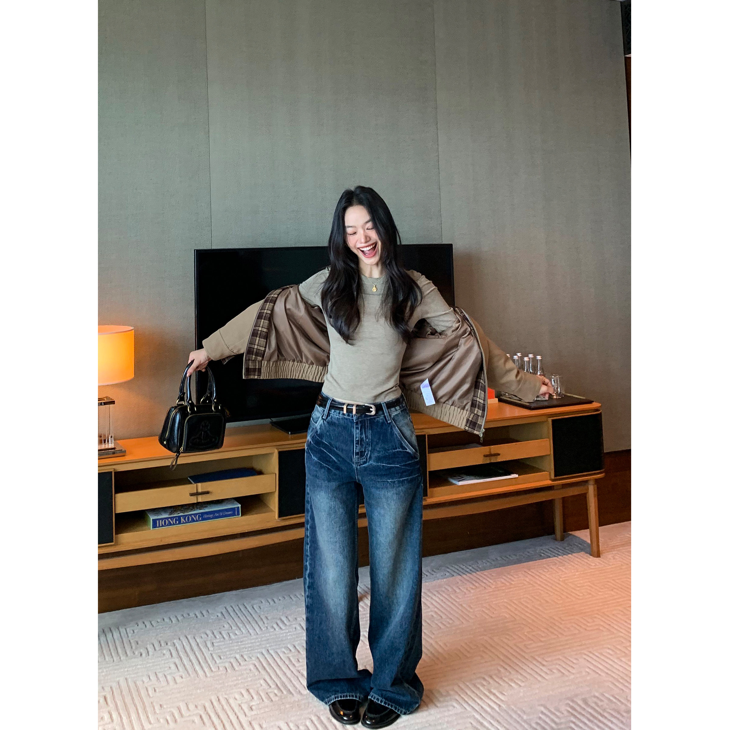 摩登解语牛仔裤女低腰直筒阔腿裤