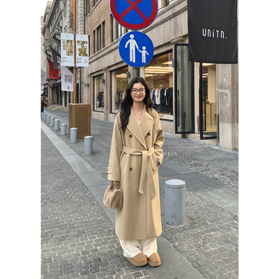 翻领宽松绑带毛呢大衣外套