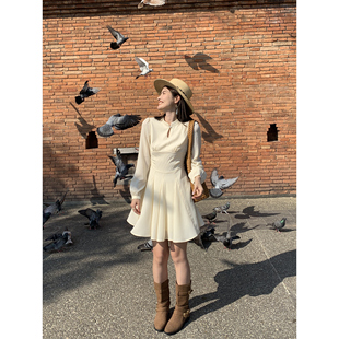 pusumede【现货5折】复古立领新中式连衣裙女长袖收腰气质a字短裙