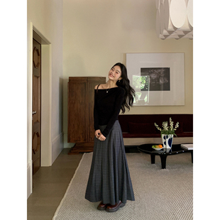 pusumede 高腰复古格纹半身裙女a字遮胯压褶大裙摆长裙 miu系少女