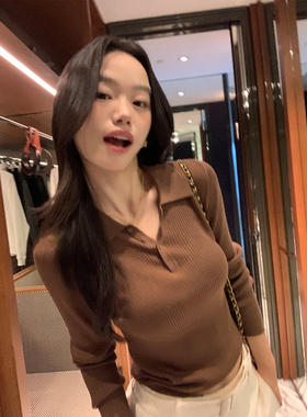 pusumede 秋日韵律 黑色polo领长袖针织衫女极简休闲修身气质上衣